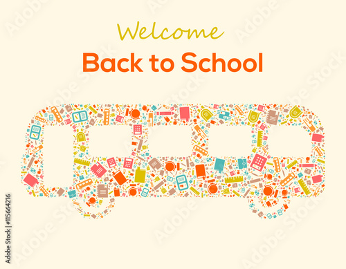 Back to school business concept. Glyph icons filled into the shape of bus. Vector illustration. Very easy to edit. Great colores.