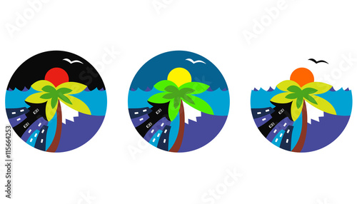 Different types of traveling. Vector illustration in a circle shape. Logo style.