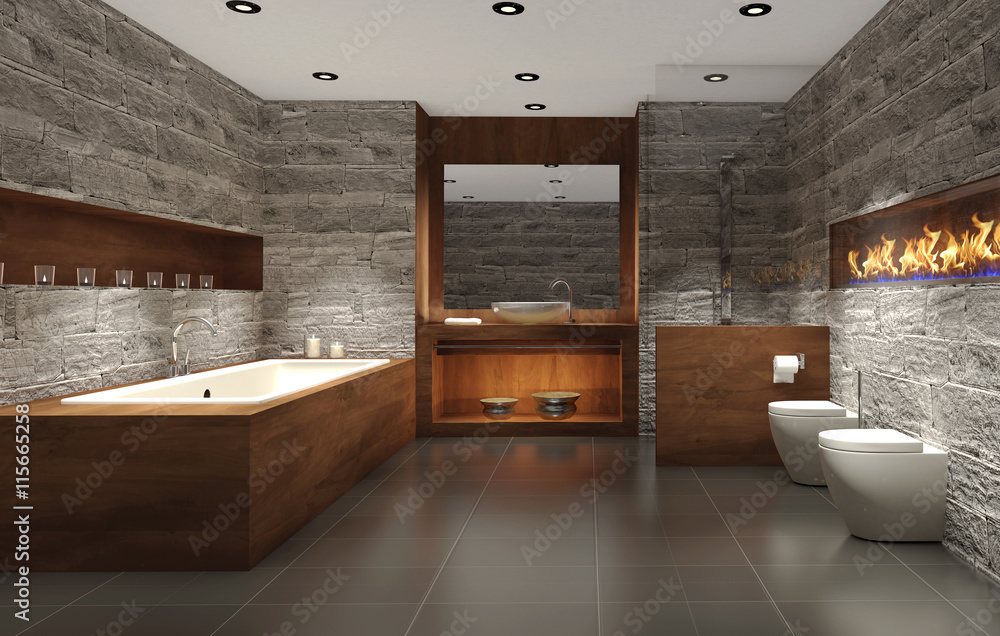 modernes Badezimmer mit Holz und Stein, bathroom Stock Illustration | Adobe  Stock