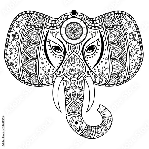 Decorated mandala elephant head for coloring book, testa elefante decorata mandala da colorare