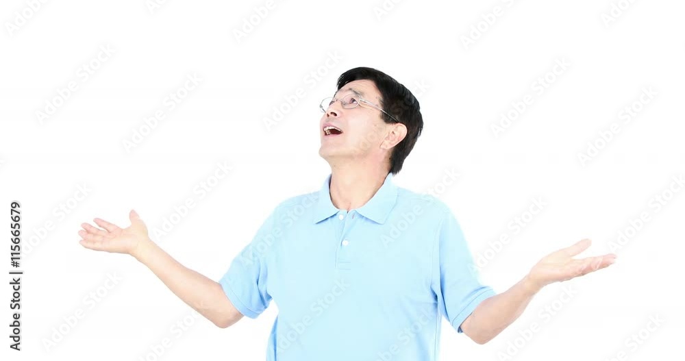 Middle-aged asian man gesturing on white screen Middle-aged asian man gesturing on white screen