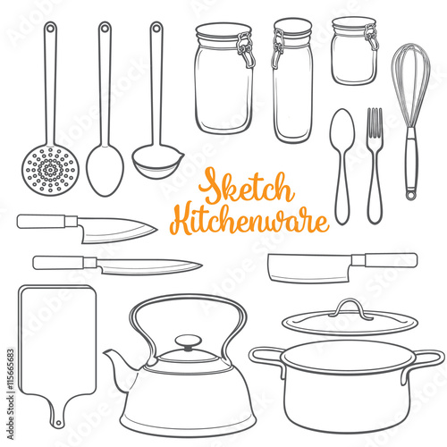 Fototapeta Naklejka Na Ścianę i Meble -  Kitchenware and cutlery sketch style vector illustration isolated on white background. Set of kitchen utensils knives kettle pot board jars cutlery and cooking tools