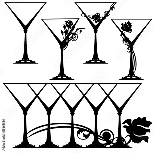 martini glasses black and white vector design set