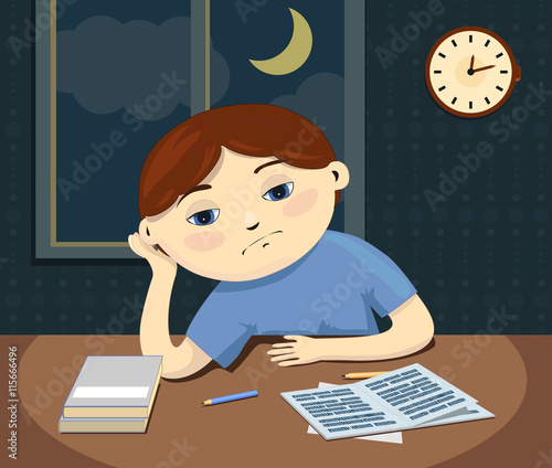 Vector illustration of bored child sitting by the table in the room. The sad kid does not want to do a tedious homework and thinks about something.