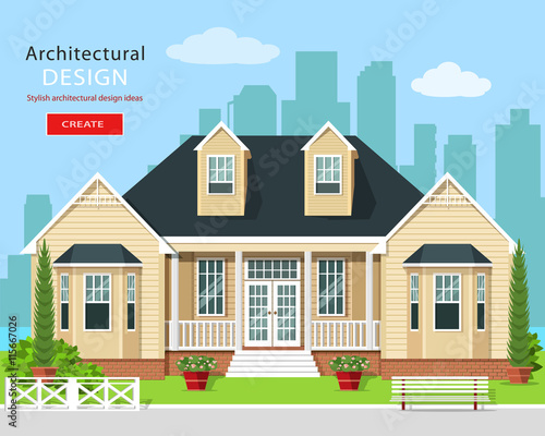 Modern graphic private house with trees, flowers and city skyline. Real estate. Stylish detailed building with yard. Flat style vector illustration.