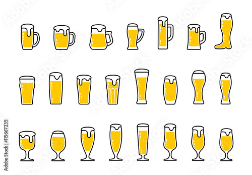 Set icons of beer with foam in mugs and glasses