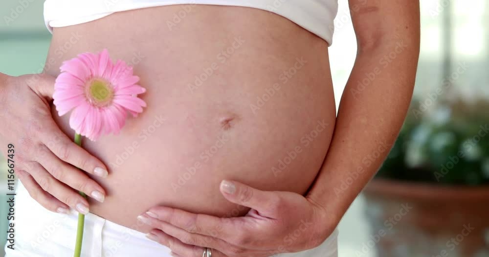 Pregnant woman holding flower beside bump Pregnant woman holding flower beside bump