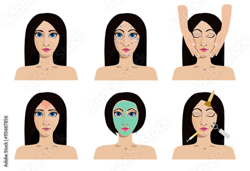 A vector set of cosmetology icons. Medical procedures for beauty and health care. Woman with problem and healthy skin on the face.