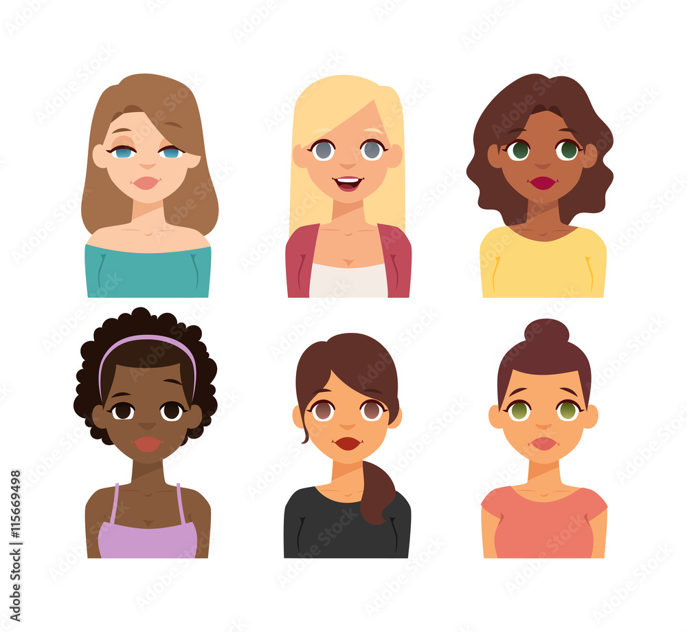 Group girls face nationality race avatars. Flat design characters woman people nationality race. Set diverse avatars girls people nationality race. Different woman face nationalities hair styles. Group girls face nationality race avatars. Flat design characters woman people nationality race. Set diverse avatars girls people nationality race. Different woman face nationalities hair styles.