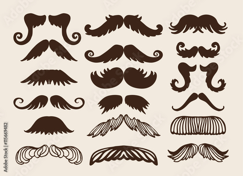 Black silhouette mustache. Mustache brown hair and man mustache hipster set. Mustache retro curly black silhouette collection beard mustache. Mustache barber silhouette hairstyle