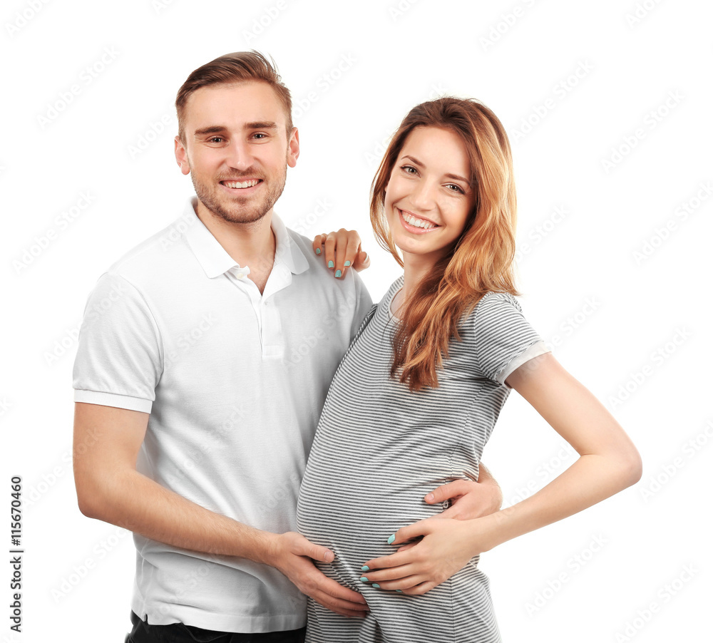 Happy family expecting baby isolated on white Happy family expecting baby isolated on white