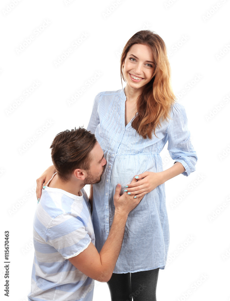 Happy family expecting baby isolated on white Happy family expecting baby isolated on white