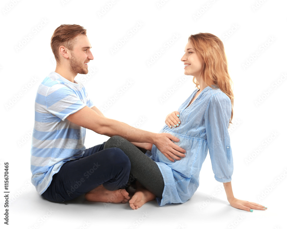 Happy family expecting baby isolated on white Happy family expecting baby isolated on white