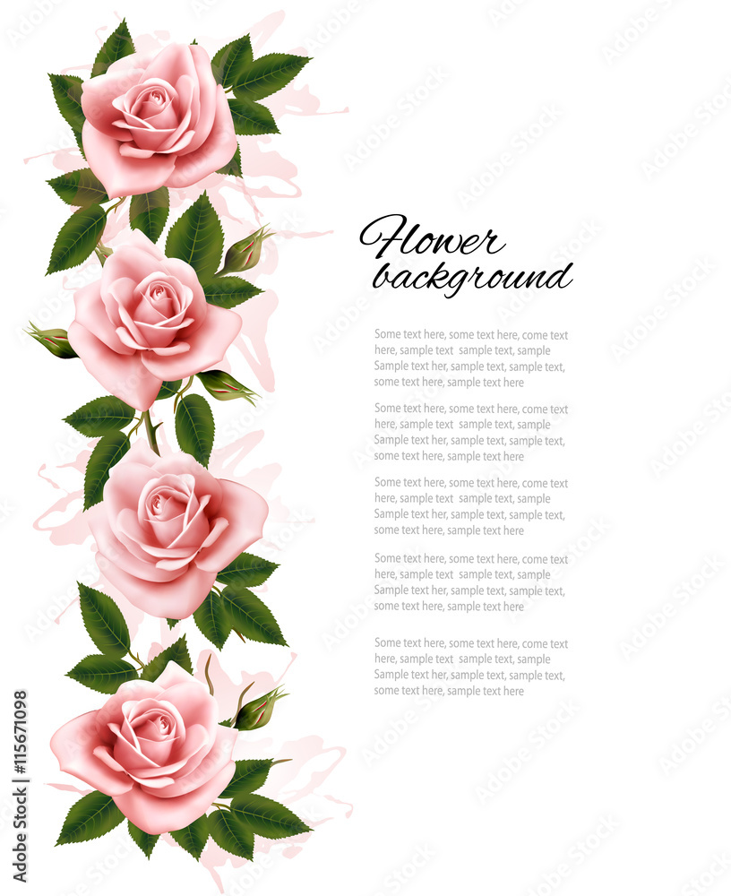 Flower background with beauty pink roses. Vector. - obrazy, fototapety, plakaty 