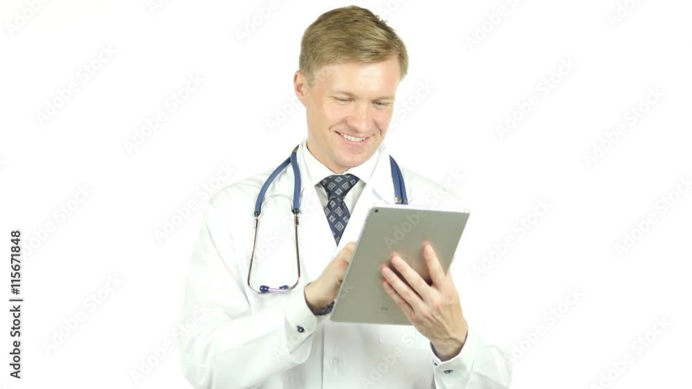 happy healthcare worker using tablet computer, white background happy healthcare worker using tablet computer, white background