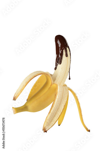 Banana poured with liquid chocolate