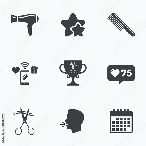 Hairdresser icons. Scissors cut hair symbol.