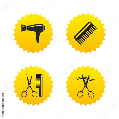 Hairdresser icons. Scissors cut hair symbol.