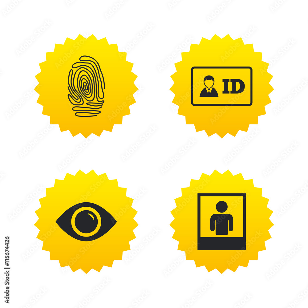 Identity ID card badge icons. Eye symbol. Identity ID card badge icons. Eye symbol.