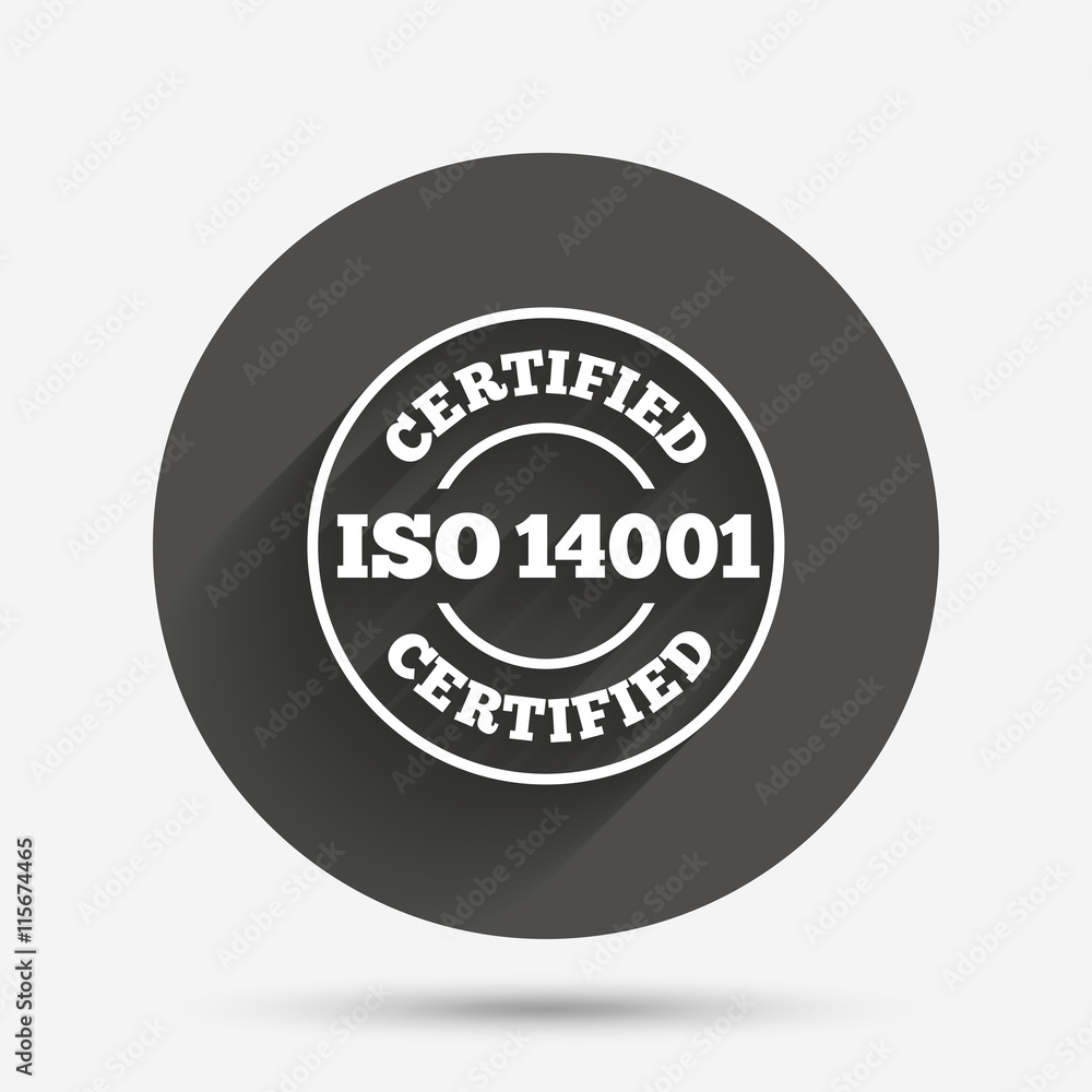 ISO 14001 certified sign. Certification stamp. ISO 14001 certified sign. Certification stamp.