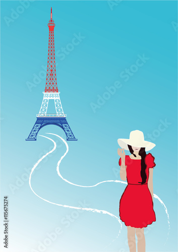 Whitehead girl with suitcase on Eiffel tower background