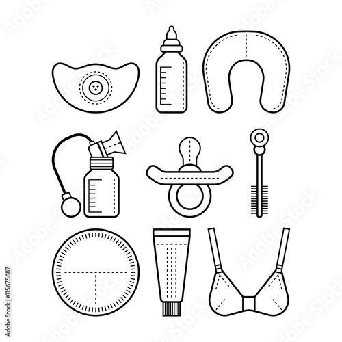 Breastfeeding. Linear flat icons. Motherhood. Vector