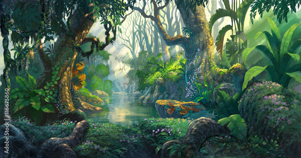 Naklejka premium malowanie lasu fantazji tła ilustracji