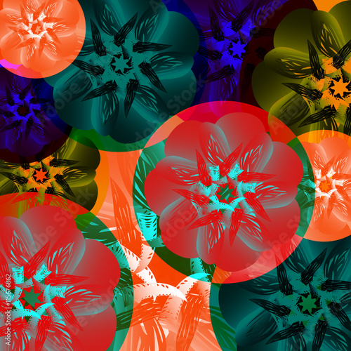 Fototapeta Naklejka Na Ścianę i Meble -  Abstract medal of flowers. Summer colors toucan, tropical, exotic and heat on a green background.
