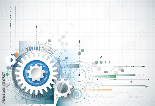 Abstract technology background. Vector gear wheel, hexagons and circuit board, Abstract hi-tech, engineering, machine, technology concept. Abstract futuristic technology on light blue color background