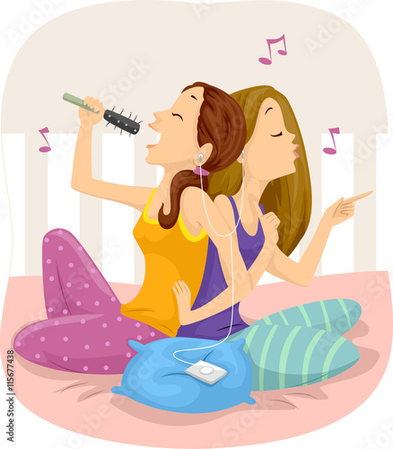 Teen Girls Listen Music Sing