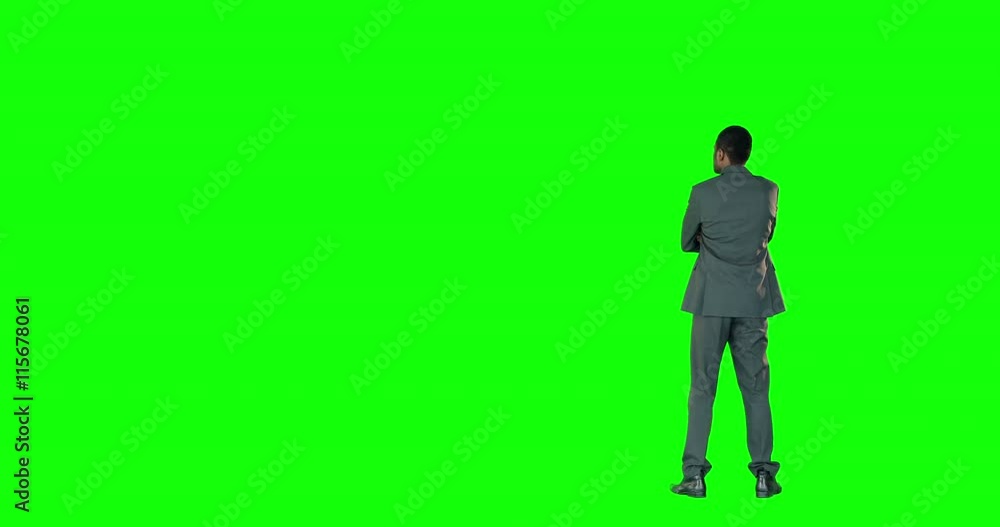 Rear view of businessman pointing on a green screen 