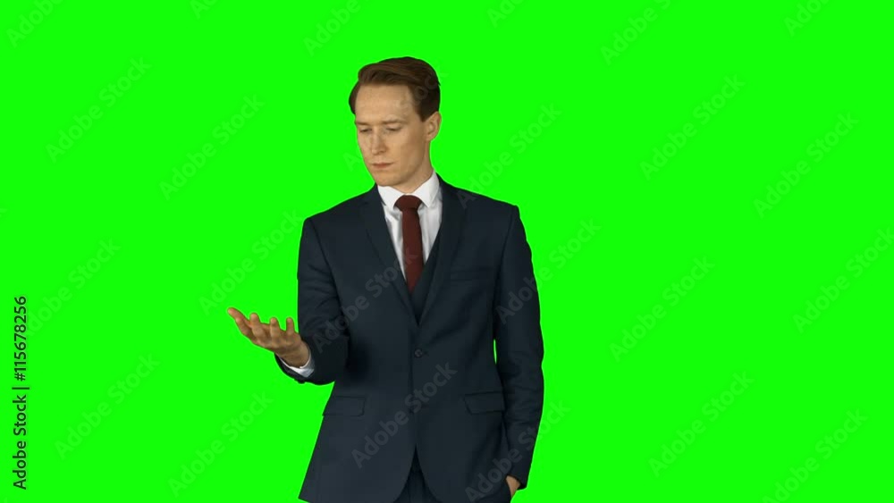 Businessman lifting something on his hand on green screen Businessman lifting something on his hand on green screen