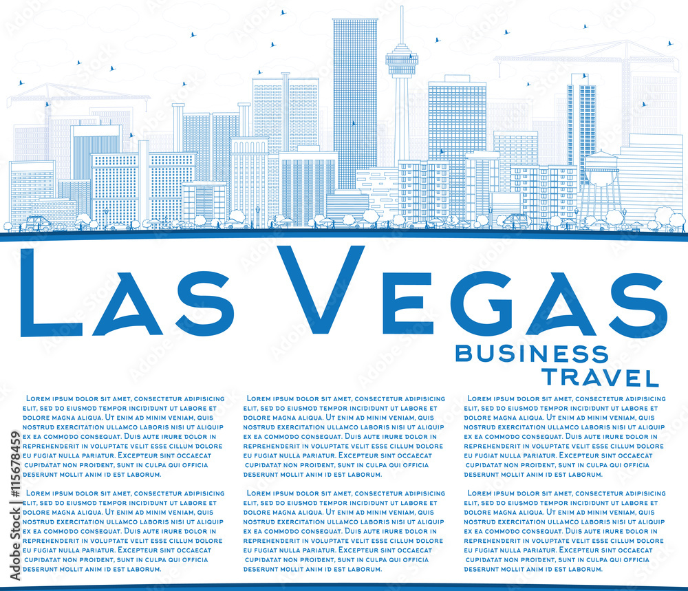 Outline Las Vegas Skyline with Blue Buildings and Copy Space.
