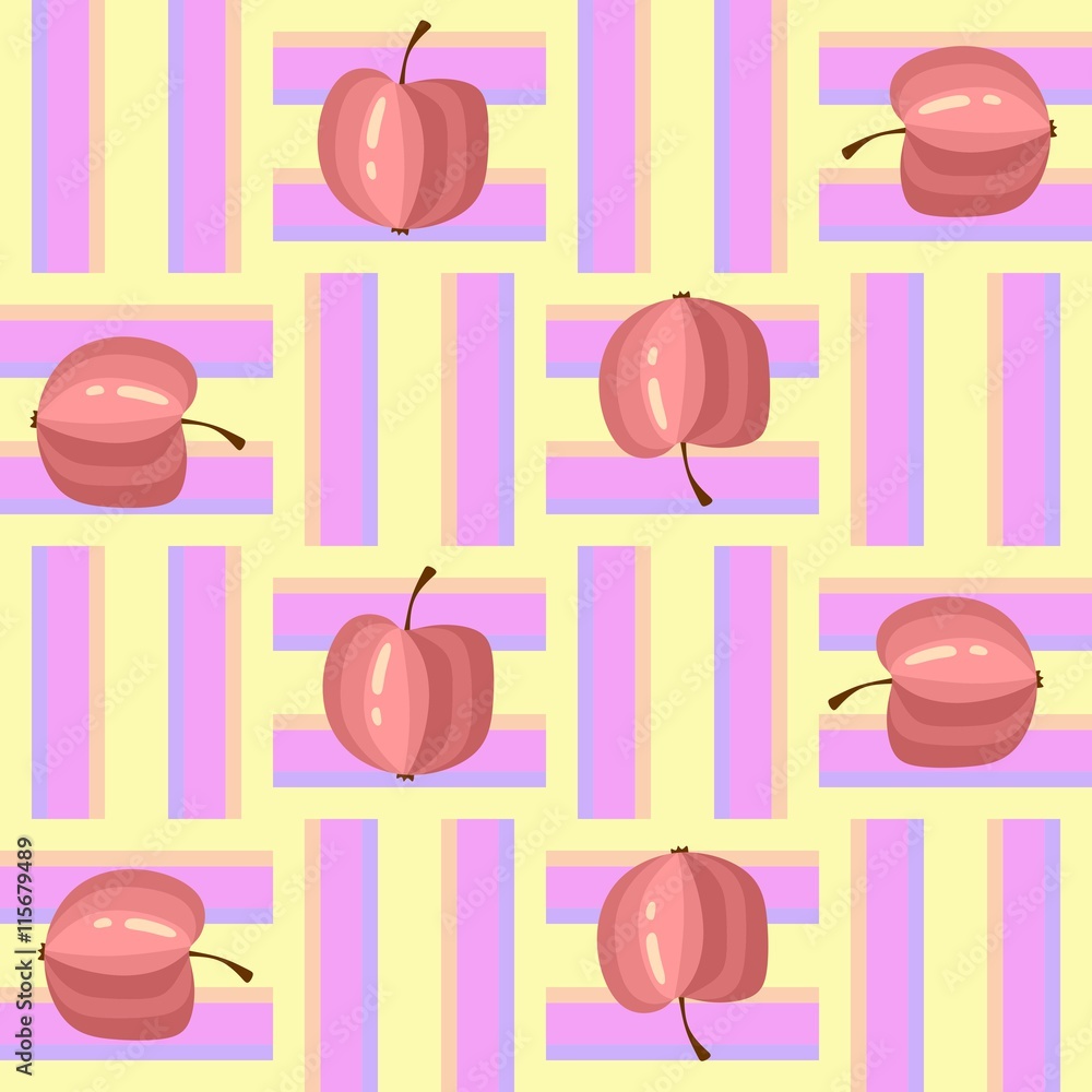 Seamless pattern with colorful apples on weaving background. Vector illustration