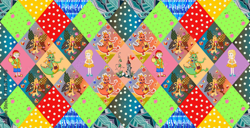 Childish seamless patchwork pattern. Fairy vector illustration. Quilting design for kids Childish seamless patchwork pattern. Fairy vector illustration. Quilting design for kids