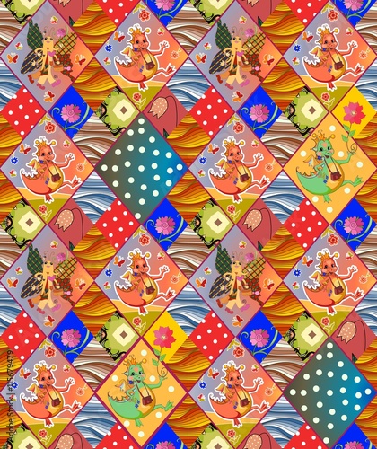 Cute childish seamless patchwork pattern. Colorful vector illustration of quilt