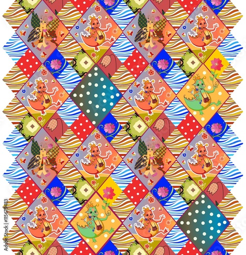 Childish seamless patchwork pattern with fairy dragons  butterflies  flowers  dots and waves. Colorful vector illustration of quilt.