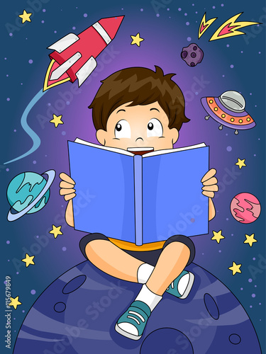 Kid Boy Read Outer Space Book