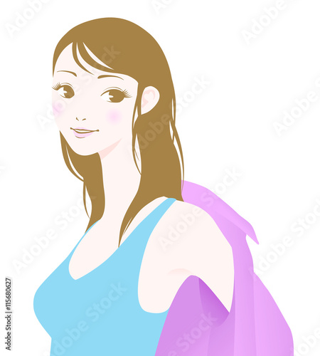 young woman bares her shoulder and armpit