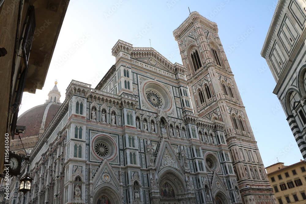 Giottos Campanile and the Cathedral Santa Maria del Fiore at Piazza Duomo, Florence Italy 