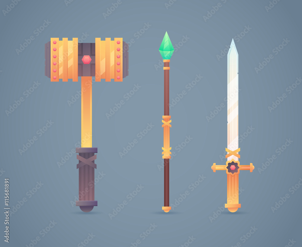Vecteur Stock Fantasy medieval cold weapon set in flat-style | Adobe Stock