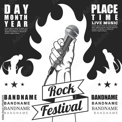 Black and white Rock festival poster. hand holding a microphone in a fist