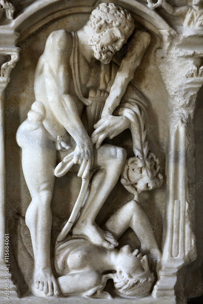 Bas-relief on the ancient sarcophagus in the baths of Diocletian in Rome. Italy Bas-relief on the ancient sarcophagus in the baths of Diocletian in Rome. Italy