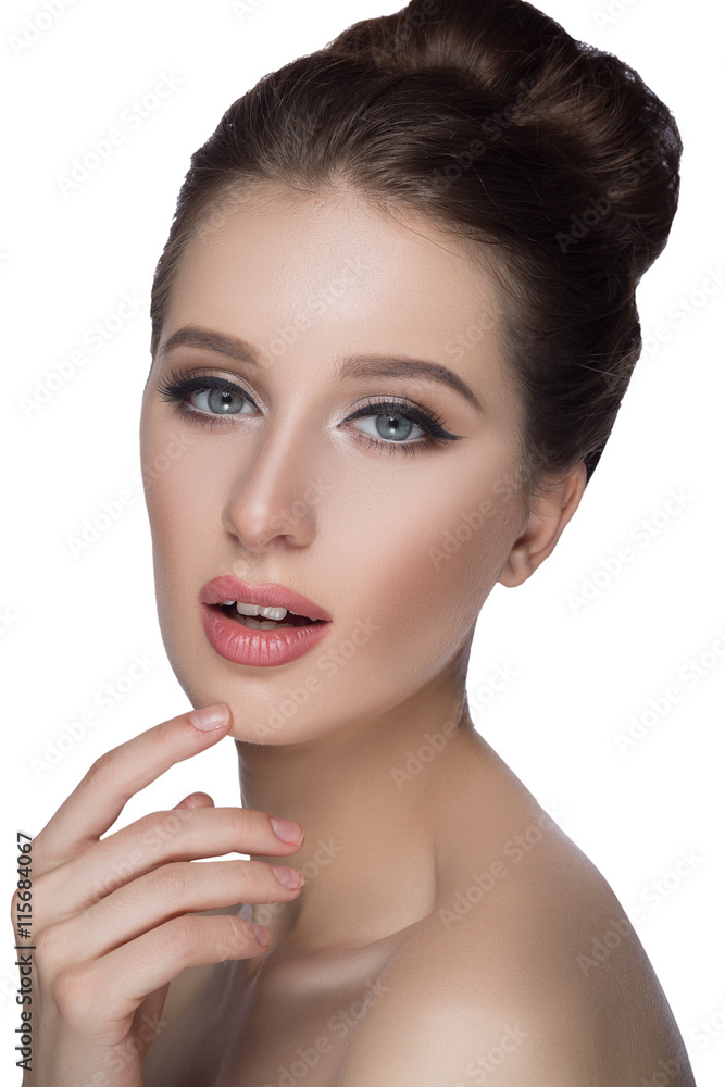 Perfect woman face portrait lips with fashion natural beige matte lipstick makeup. Beauty brunette sexy model girl beautiful skin close her eyes and touching . Perfect woman face portrait lips with fashion natural beige matte lipstick makeup. Beauty brunette sexy model girl beautiful skin close her eyes and touching .