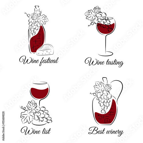 Wine concept. Hand drawn vector set. Can be used for wine list, menu restaurant, logo, emblem, wine tasting bar or winery illustration.