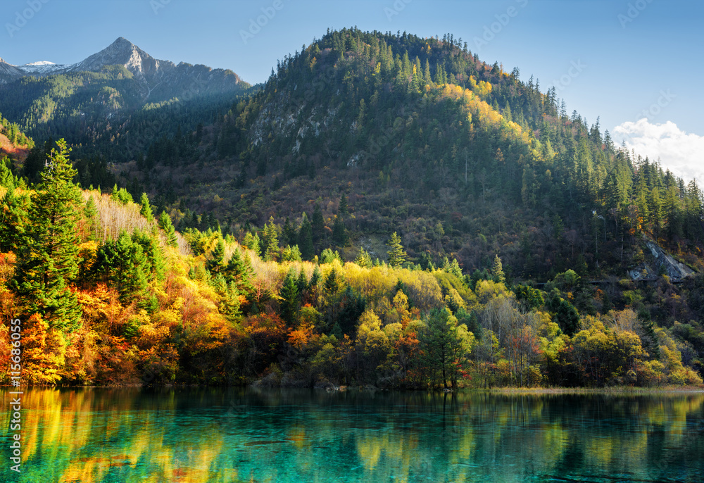 Amazing view of scenic wooded mountains and the Five Flower Lake Amazing view of scenic wooded mountains and the Five Flower Lake
