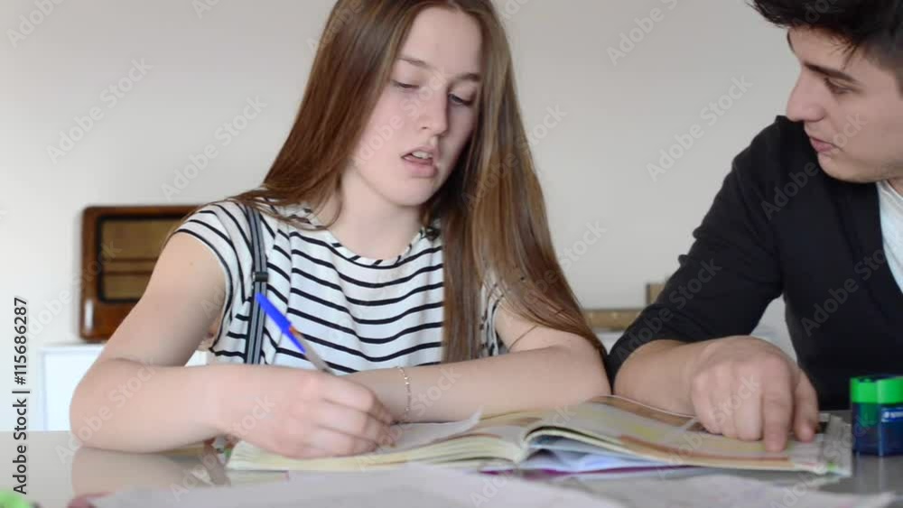 The older brother helps her sister to study The older brother helps her sister to study