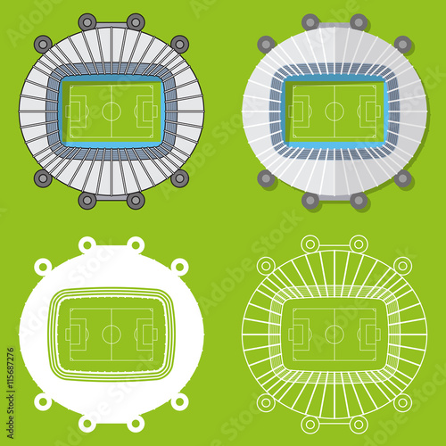 Set of football stadiums or soccer arena. Sport venue in flat design. Football stadium top view. Vector Illustration.