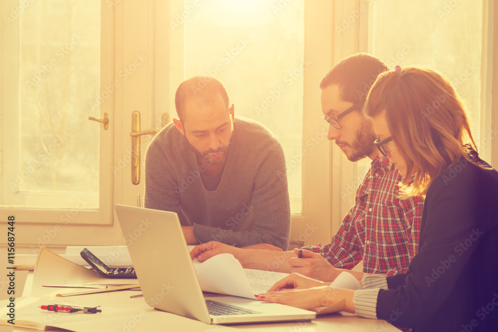 Young group of people discussing business plans, with lap-tops, plans in a room lit by natural sunlight.
Young group of people discussing business plans, with lap-tops, plans in a room lit by natural sunlight.