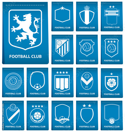 Set of football or soccer crest on blue tag in flat design. Football logo emblem. Football badge. Vector Illustration.